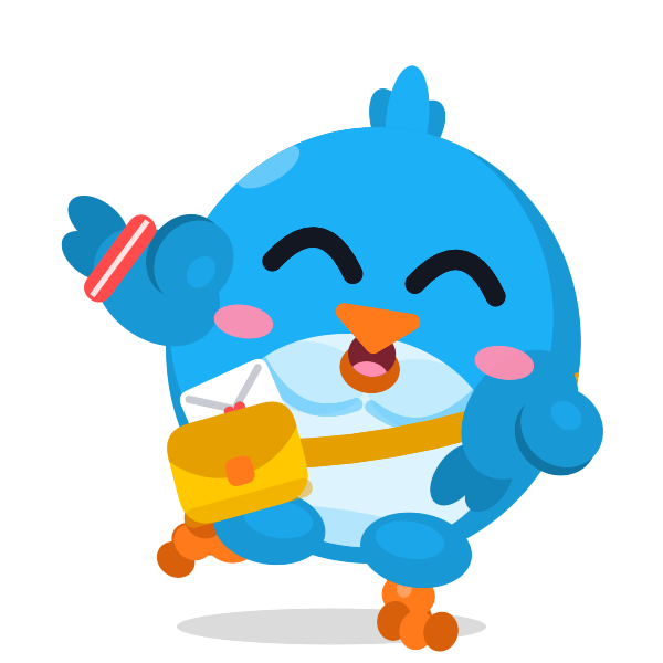 Pip, a cheerful blue bird with a yellow satchel, running and cheering